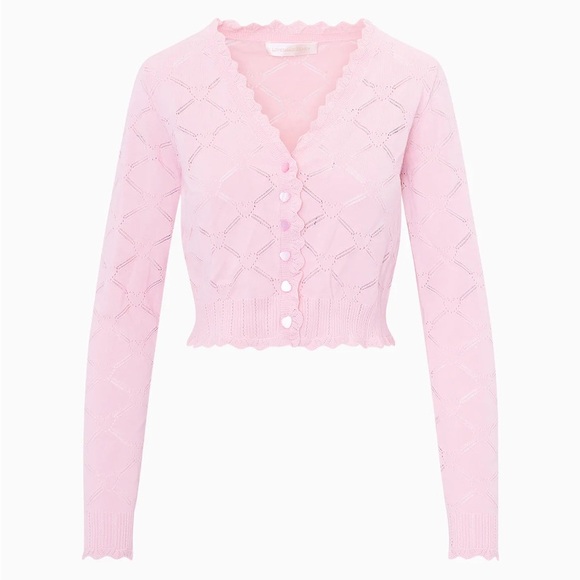 NWT LoveShackFancy Petra Knit Pointelle Heart Argyle Cardigan Velour Pink | S - Picture 2 of 11